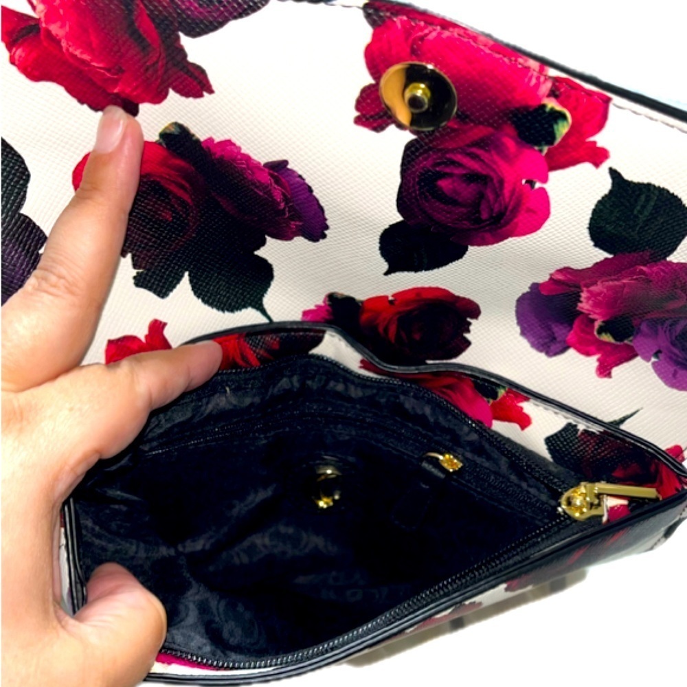 Charming Charlie Floral Rose Clutch Bag Purse Black Pink Purple Magnetic, NWOT - Picture 7 of 15